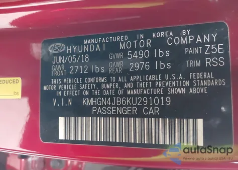 2019 Genesis G80 3.3T Sport z USA, uszkodzony, nr VIN KMHGN4JB6KU291019